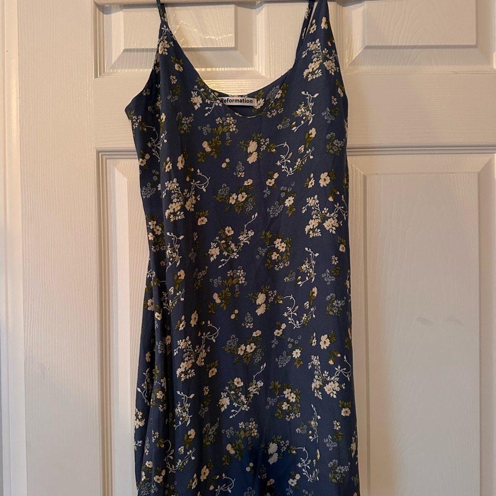 Reformation Blue Floral Slip Dress with Cream and Olive Accents